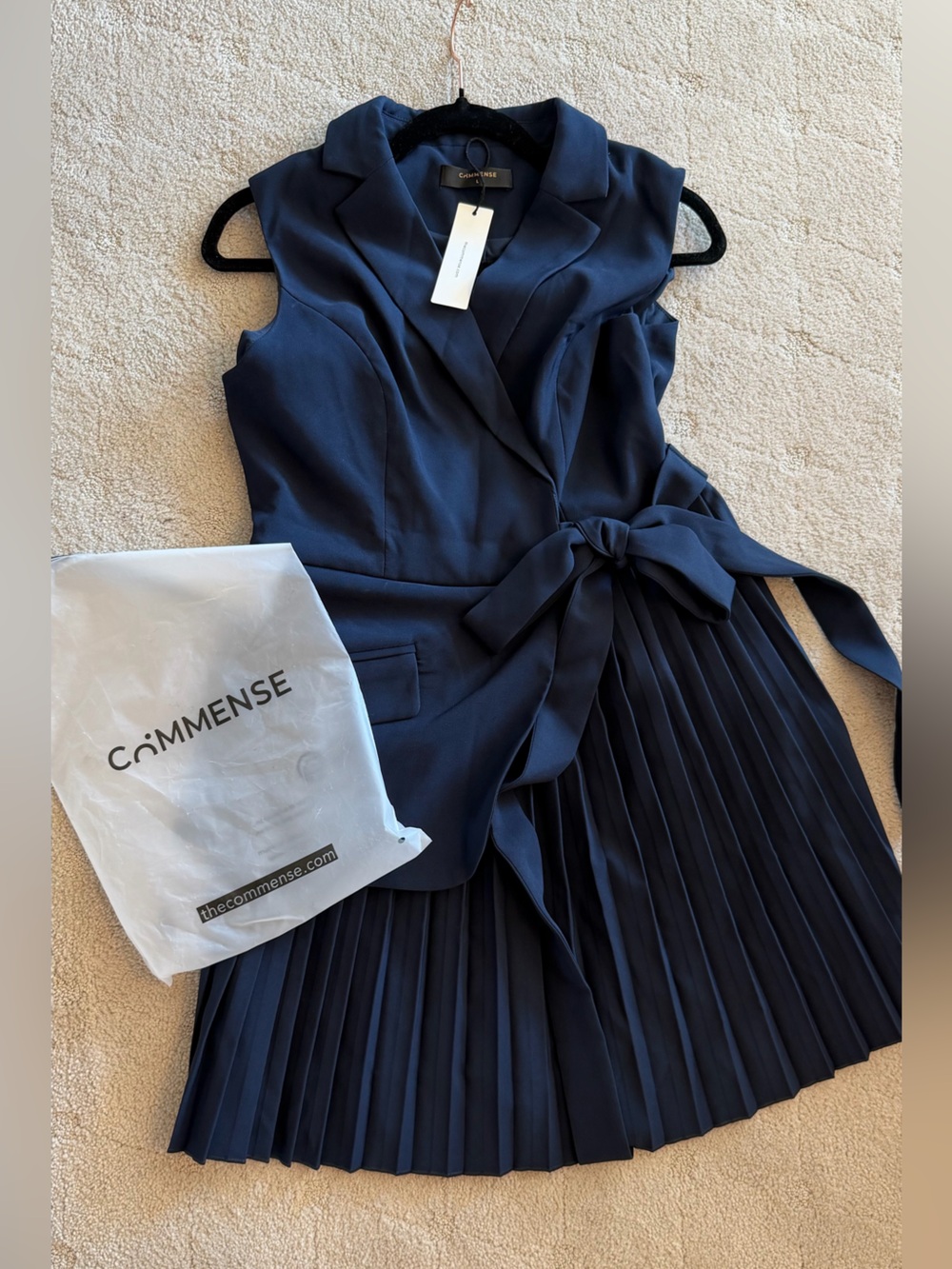 New with tags Commense Belted Pleated Sleeveless Blazer Dress in navy sz L - Picture 4 of 14